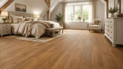 Schlafzimmer mit hellem Laminatboden in Holzoptik, Doppelbett, Nachttischen und Kommode. Große Fenster, neutrale Textilien und sichtbare Dachschrägen zeigen die Bodenfläche in einem wohnlichen Innenraum mit natürlichem Lichteinfall.
