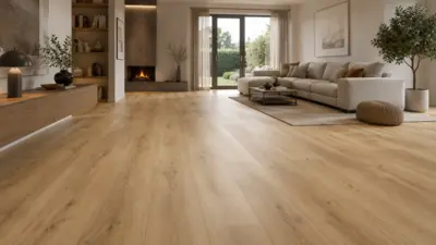 Der gezeigte Designboden mit Holzoptik Eiche Hell besteht aus langformatigen, hellen Dielen mit feiner Maserung und natürlichen Holzstrukturdetails.